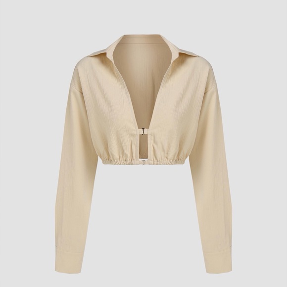 Zara Tops - New Zara Cropped Long Sleeve Collar Shirt In Nude Cream Size Small